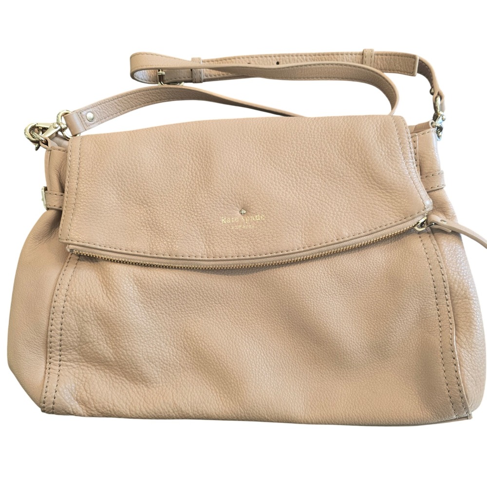Kate Spade New York Beige Pebbled Leather Foldover Crossbody Bag Gold Hardware